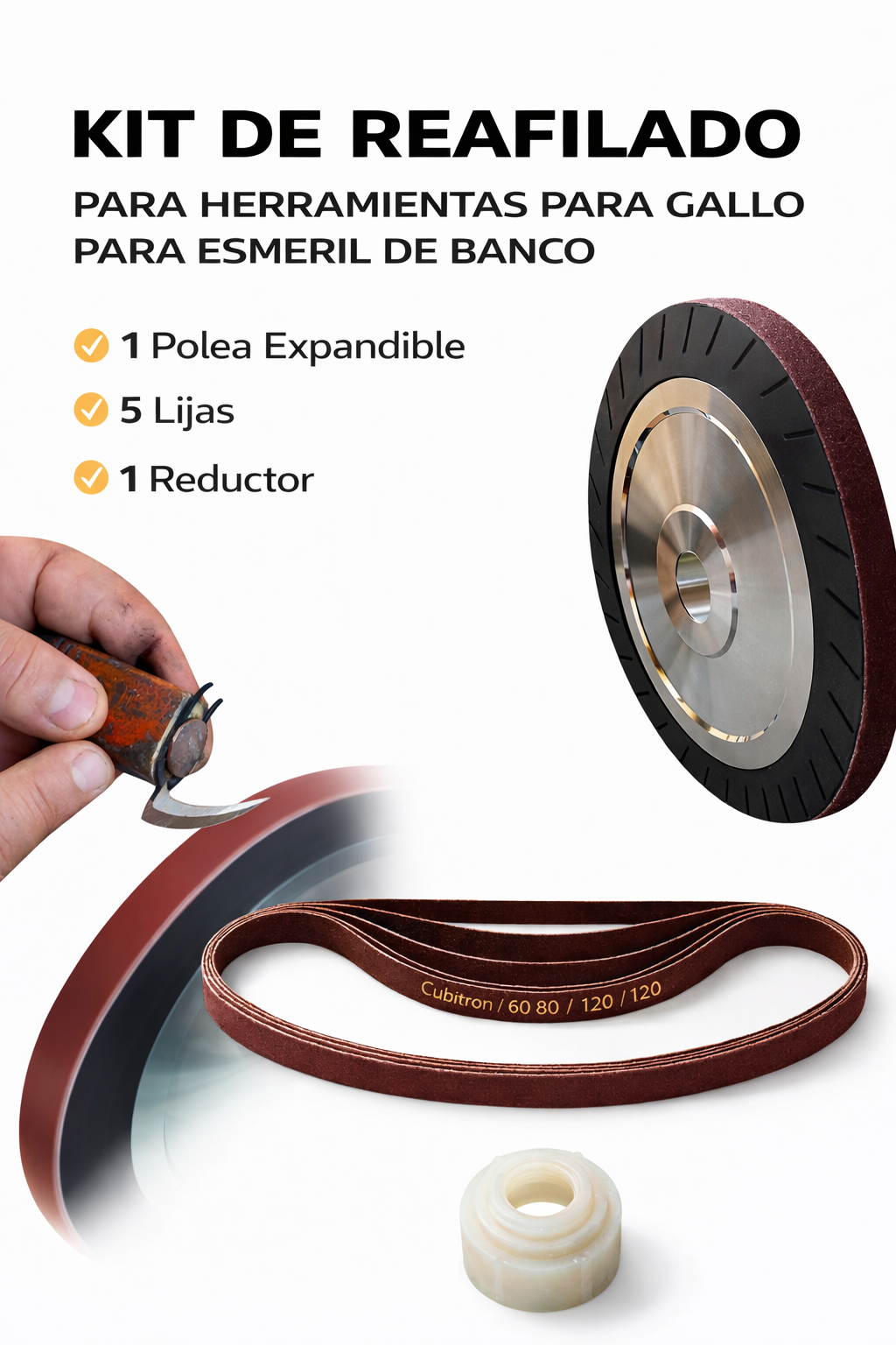 Kit polea expansiva para esmeril de banco + 5 líjas grano a elegir + reductor telescópico